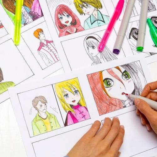 Une planche de dessins mangas en couleurs